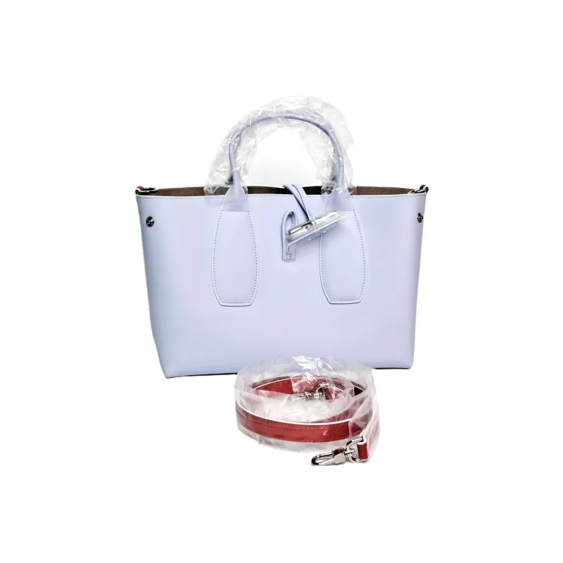 LONGCHAMP Roseau Calfskin Tote Bag, Shopping Bag, Shoulder Bag, Crossbody Bag, Handbag Medium Size Women's Sky Blue/Red-2