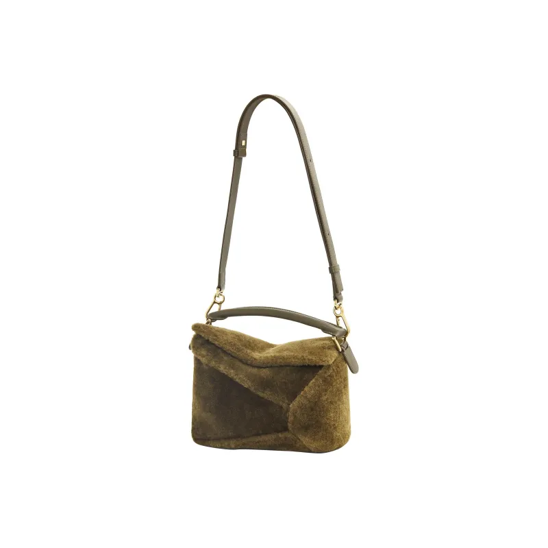 LOEWE Puzzle Shearling Handbag, Shoulder Bag, Crossbody Bag Trumpets Women's Dark Khaki Green-4
