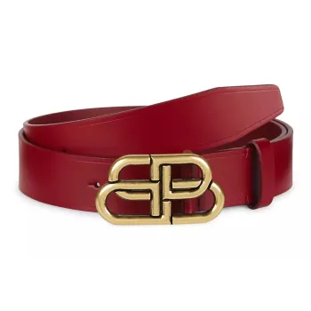 Balenciaga Brand Logo Emblem Smooth Buckle Leather Belts Unisex Red Width: 3.5cm