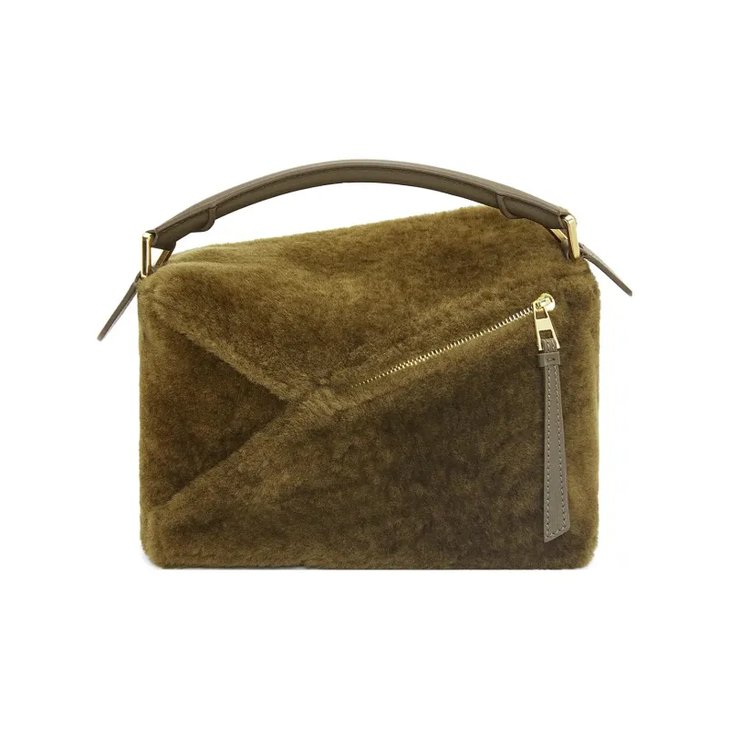 LOEWE Puzzle Shearling Handbag, Shoulder Bag, Crossbody Bag Trumpets Women's Dark Khaki Green-3