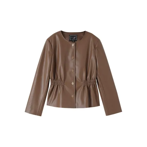 OUNIXUE Leather Jackets Women's Brown