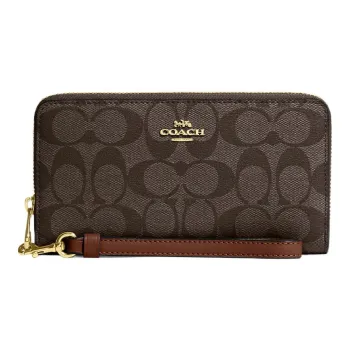 COACH Zip Around Canvas With Leather Canvas Bag, Wrist Bag, Wallet Trumpets Women's Black Umber