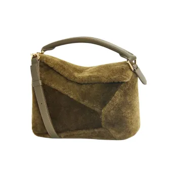 LOEWE Puzzle Shearling Handbag, Shoulder Bag, Crossbody Bag Trumpets Women's Dark Khaki Green