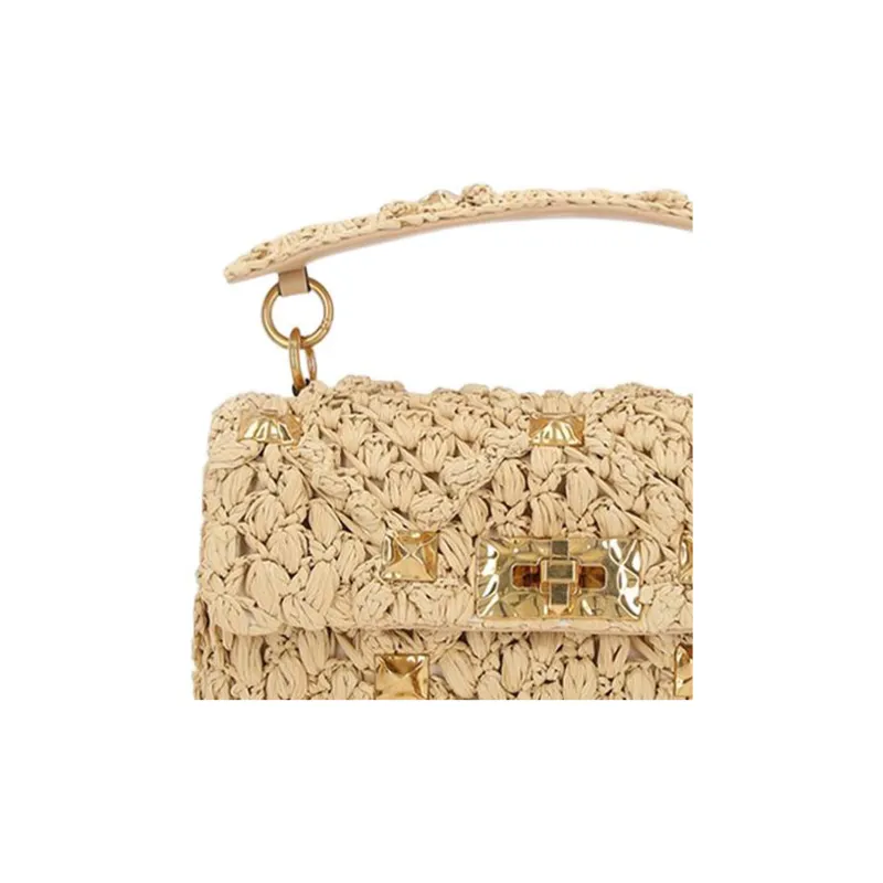 Valentino ROMAN STUD Raffia Fiber Handbag Shoulder Bag Crossbody Bag Medium Size Women's Light Brown-4