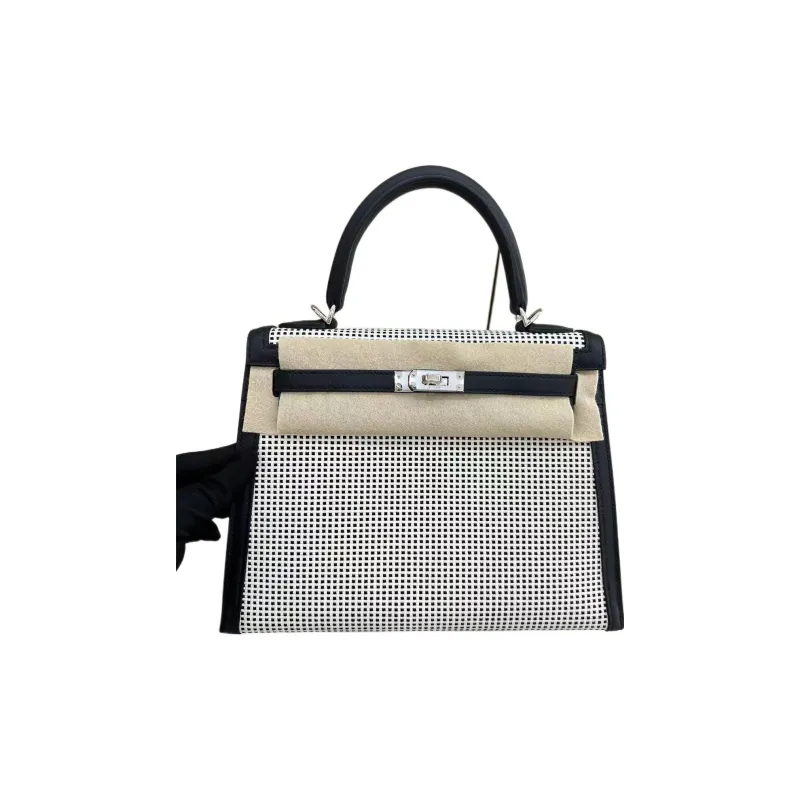 HERMES Kelly Swift Leather With Canvas Kelly Bag Shoulder Bag Crossbody Bag Handbag Regular Women's Black Beige-0