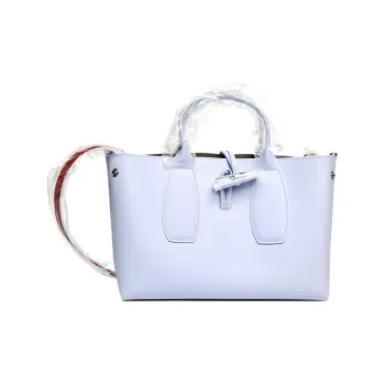 LONGCHAMP Roseau Calfskin Tote Bag, Shopping Bag, Shoulder Bag, Crossbody Bag, Handbag Medium Size Women's Sky Blue/Red