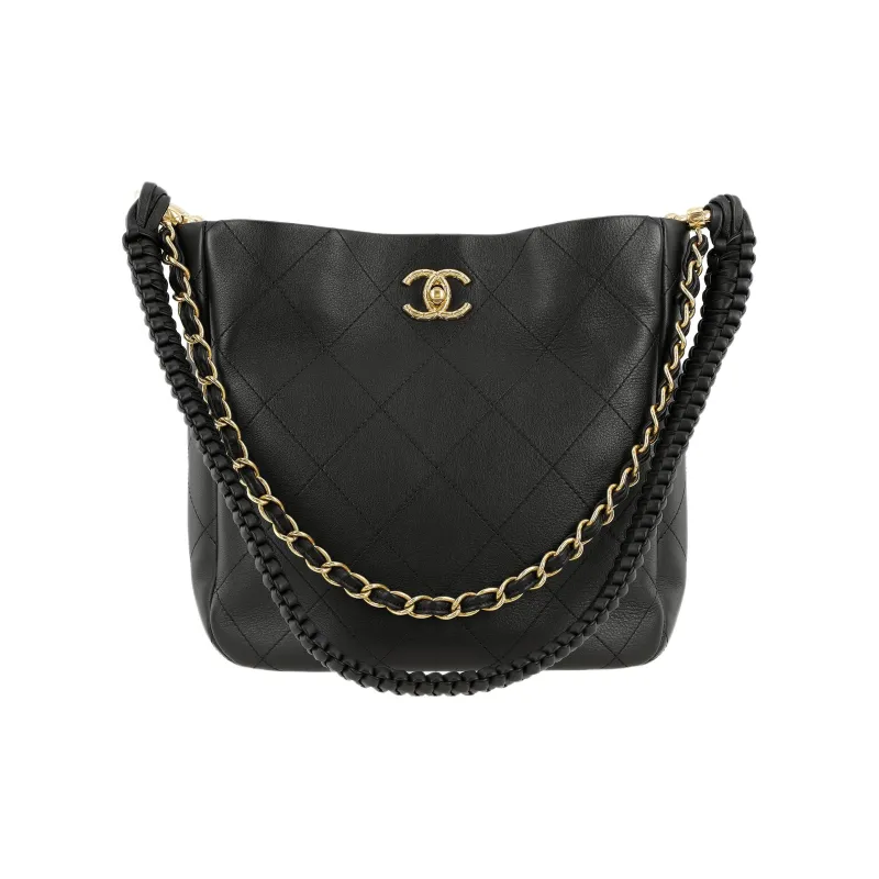 CHANEL Calfskin With Gold Tone Metal Handbag, Shoulder Bag Medium Size Women's Black-0