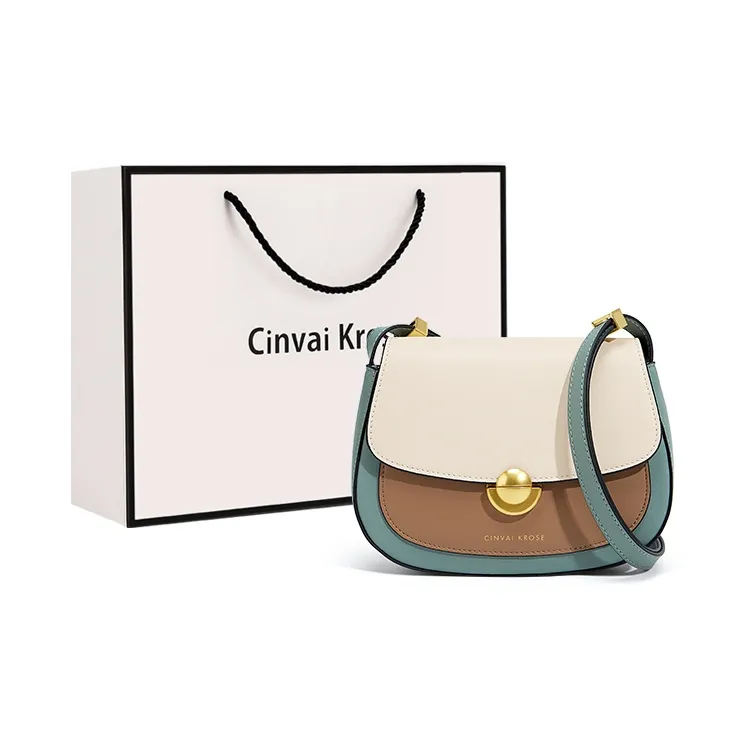 CinvaiKrose Cow Leather With Synthetic Leather Shoulder Bag, Crossbody Bag Small Size Women's Cream Apricot/Green-6