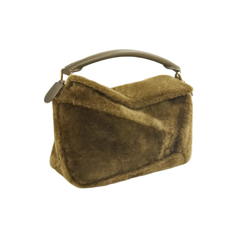 LOEWE Puzzle Shearling Handbag, Shoulder Bag, Crossbody Bag Trumpets Women's Dark Khaki Green-2