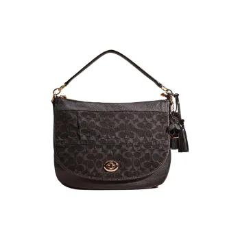 COACH Turnlock Leather Hobo Bag, Handbag, Shoulder Bag Large Size Women's Black