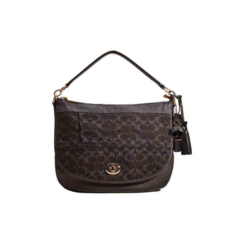 COACH Turnlock Leather Hobo Bag, Handbag, Shoulder Bag Large Size Women's Black-0