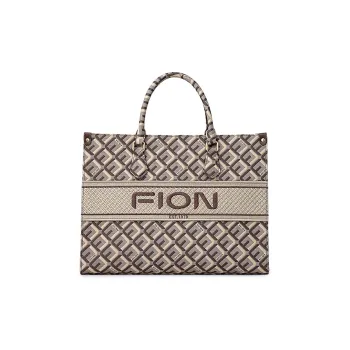 FION Fabric Embroidery Tote Bag Shopping Bag Shoulder Bags Large Size Women's Coffee/Brown