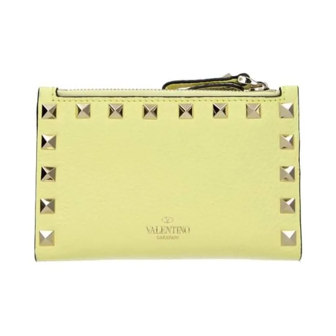 Valentino Rockstud Calfskin Wallet Coin Purses Card Holders Regular Women's Yellow-2