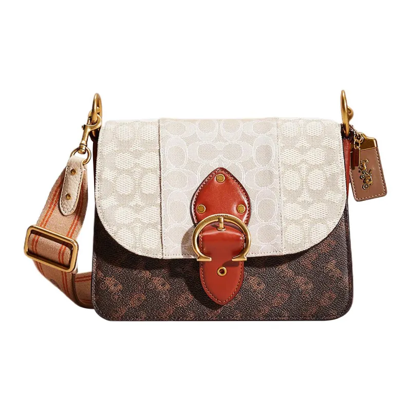 COACH Beat Canvas With Leather Saddle Bag Shoulder Bag Crossbody Bag Large Size Women's White & Umber-0