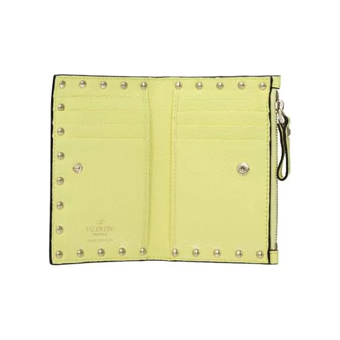 Valentino Rockstud Calfskin Wallet Coin Purses Card Holders Regular Women's Yellow-3