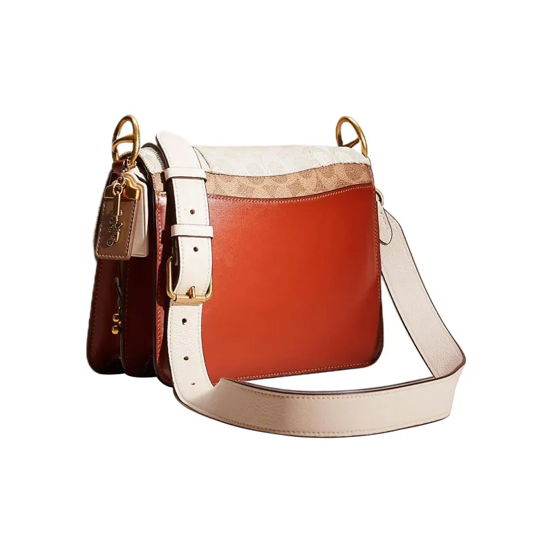 COACH Beat Canvas With Leather Saddle Bag Shoulder Bag Crossbody Bag Large Size Women's White & Umber-1