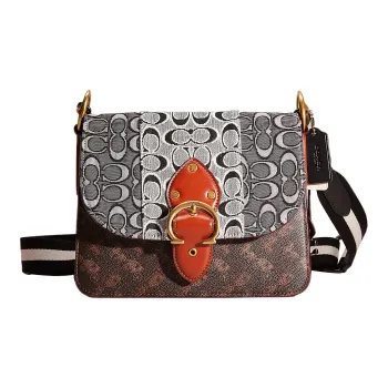 COACH Beat Canvas With Calfskin Messenger Bag Shoulder Bag Crossbody Bag Medium Size Women's Tan/Pine Mushroom Patina