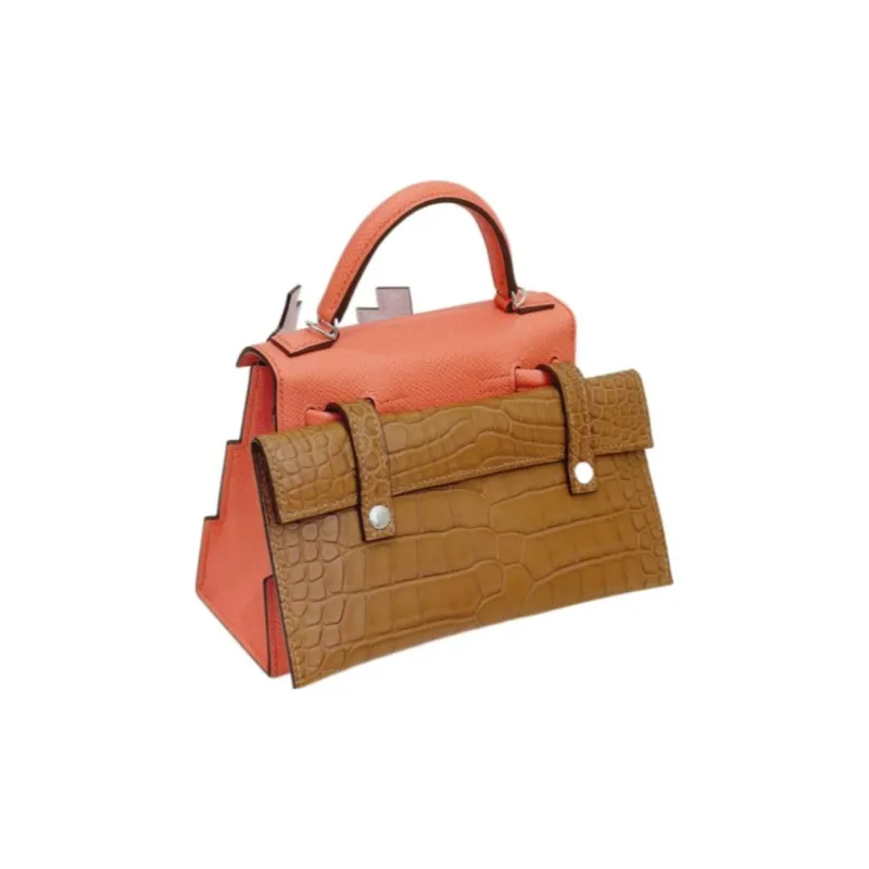 HERMES Kelly Doll Matte Crocodile Leather Millennium Doll Handbag Regular Women's Mexico Pink & Brown-1