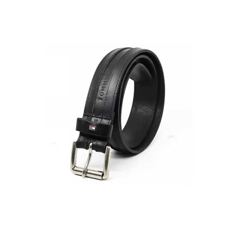 Tommy Hilfiger Logo Embossed Pin Buckle Leather Belts Men's Black Width: 3.8cm-4