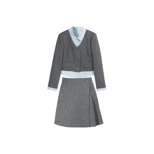 3COLOUR Casual Suits Women's Set Gray Blue Tops+Skirts