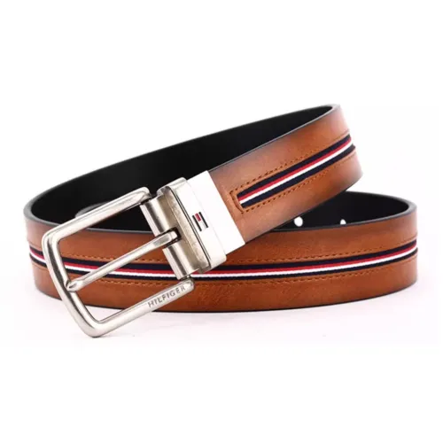 Tommy Hilfiger Text Carving Pin Buckle Leather Belts Men's Umber/Black Width 3.3cm