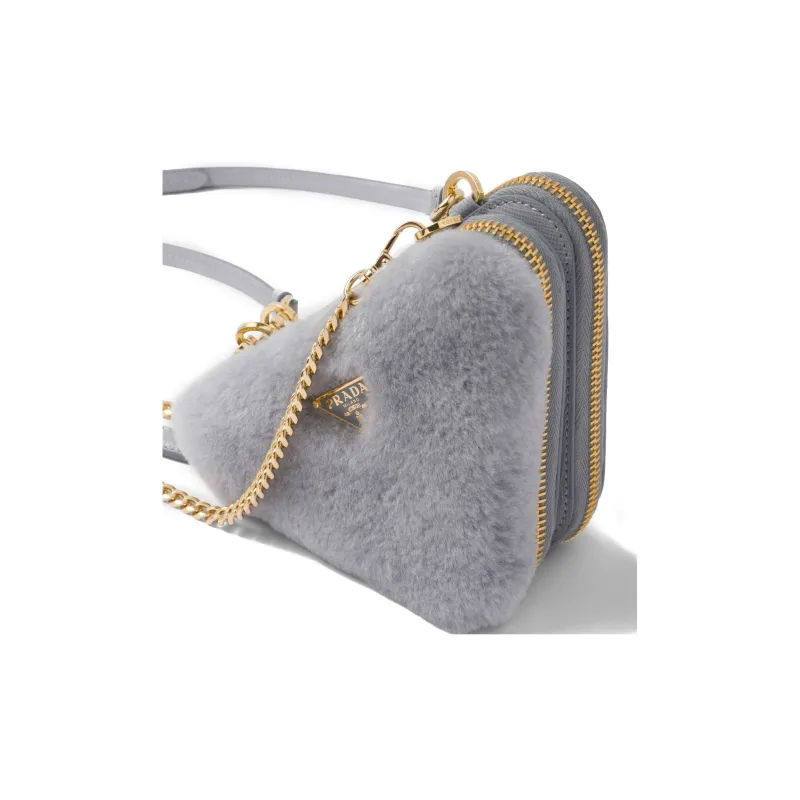 PRADA Shearling With Leather One Shoulder Crossbody Clutch Mini Women's Gray-4