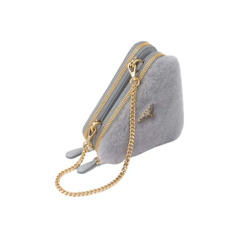 PRADA Shearling With Leather One Shoulder Crossbody Clutch Mini Women's Gray-2
