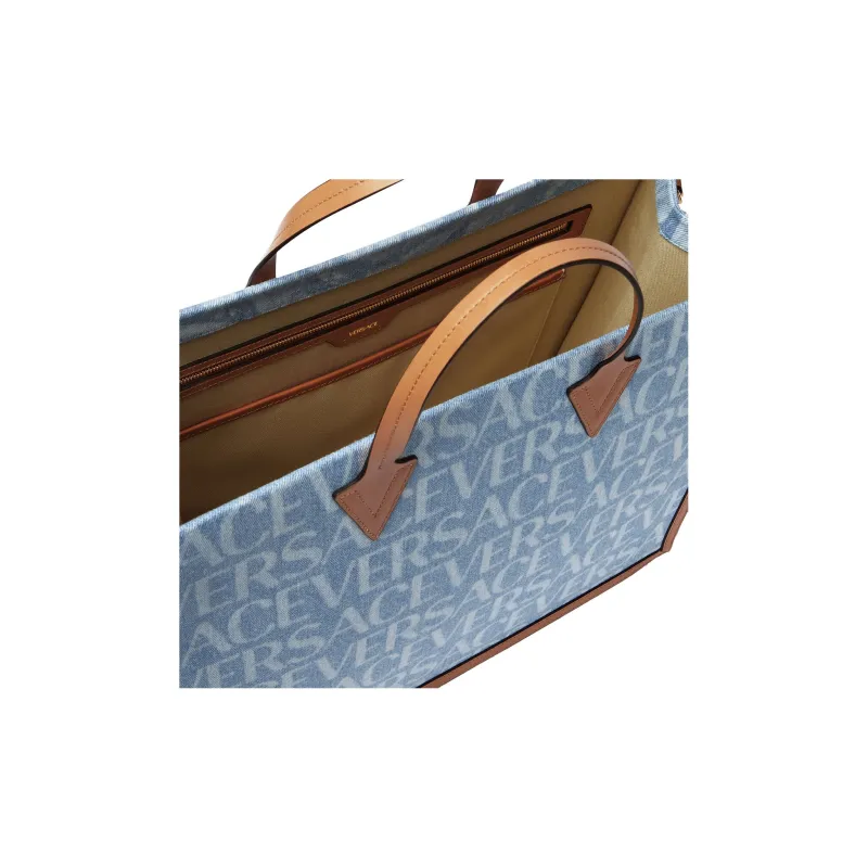 VERSACE Cotton With Cow Leather Tote Bag, Shopping Bag, Shoulder Bag, Crossbody Bag, Handbag Men's Light Blue-3