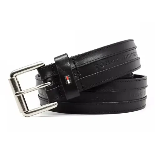 Tommy Hilfiger Logo Embossed Pin Buckle Leather Belts Men's Black Width: 3.8cm