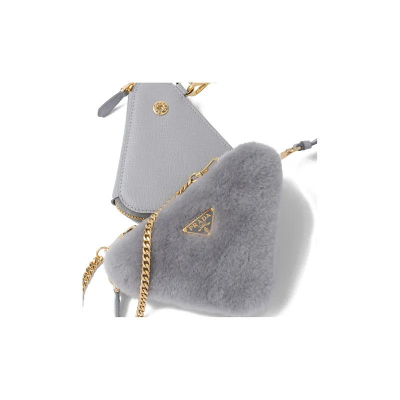 PRADA Shearling With Leather One Shoulder Crossbody Clutch Mini Women's Gray-5