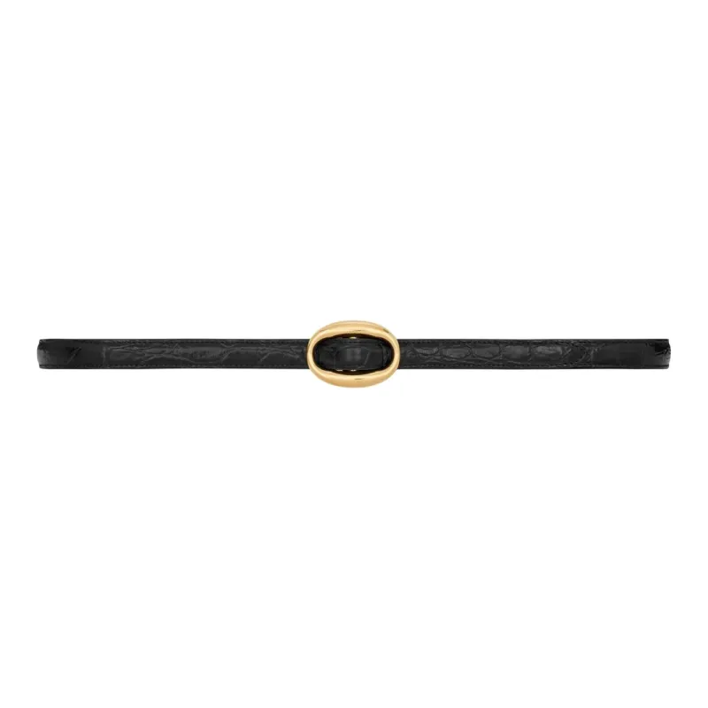 SAINT LAURENT Crocodile Pattern Embossed Smooth Buckle Leather Belts Men's Black Width  1.5cm-0