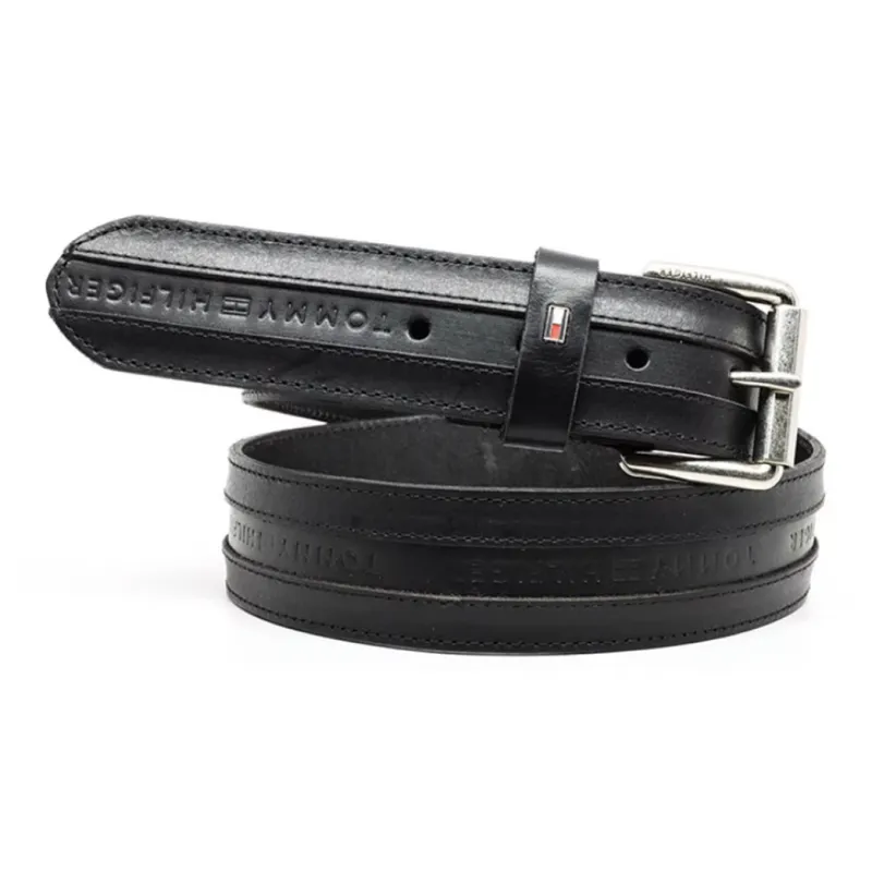 Tommy Hilfiger Logo Embossed Pin Buckle Leather Belts Men's Black Width: 3.8cm-2