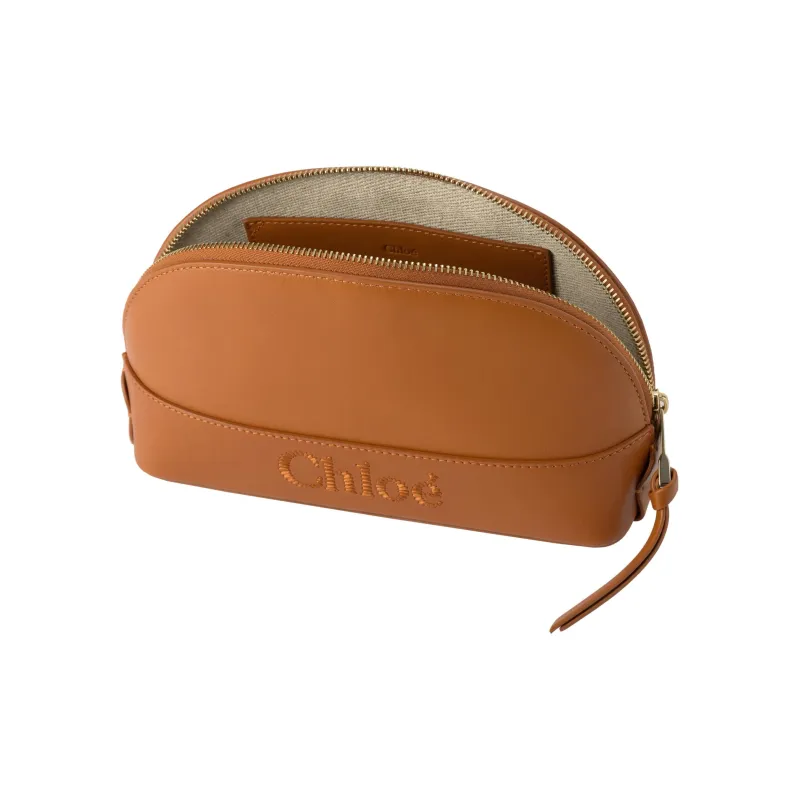 Chloe Bright Calfskin Clutch Makeup Bag Women's Caramel-2