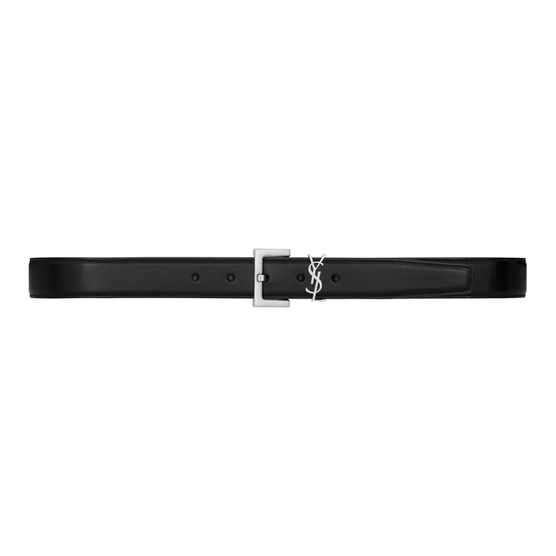 SAINT LAURENT Logo Emblem Pin Buckle Leather Belts Men's Black Width: 3cm-0