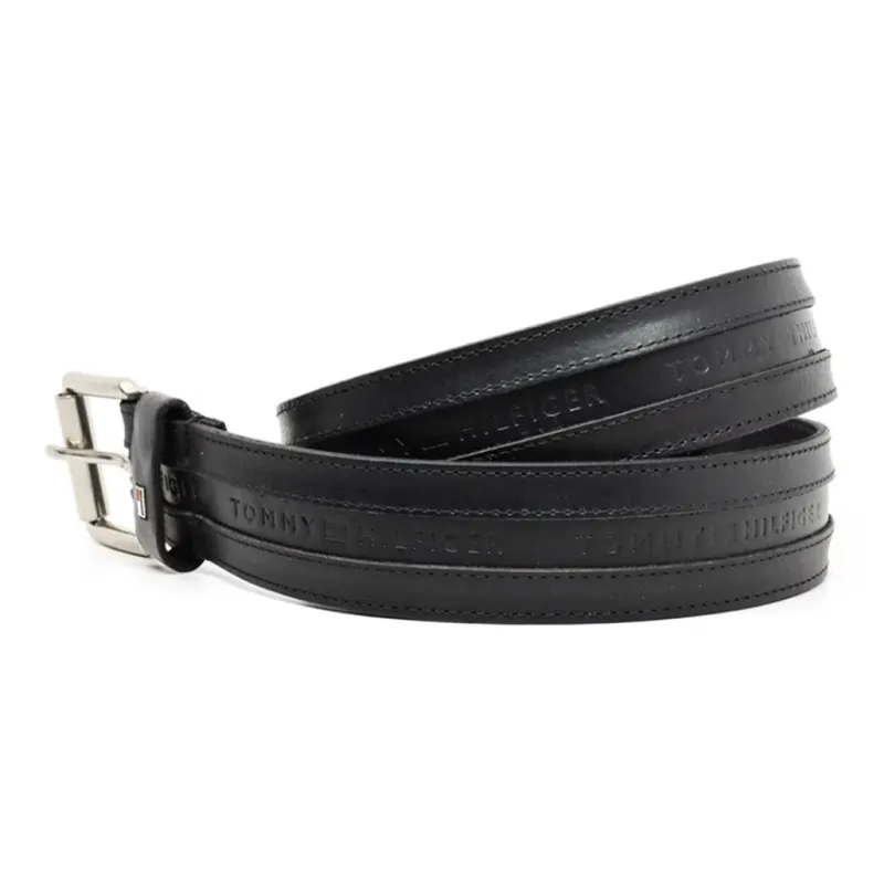 Tommy Hilfiger Logo Embossed Pin Buckle Leather Belts Men's Black Width: 3.8cm-1