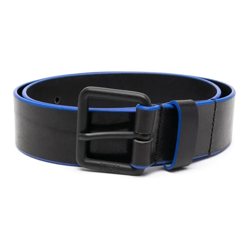 DIESEL Logo Carving Ring Pin Buckle Leather Belts Men's Black Width 4cm-0