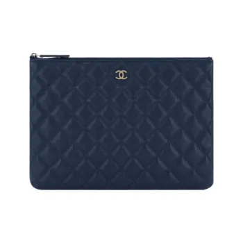 CHANEL Grain Litchi Grain Embossed Caviar Calfskin Clutch Medium Size Women's Dark Blue