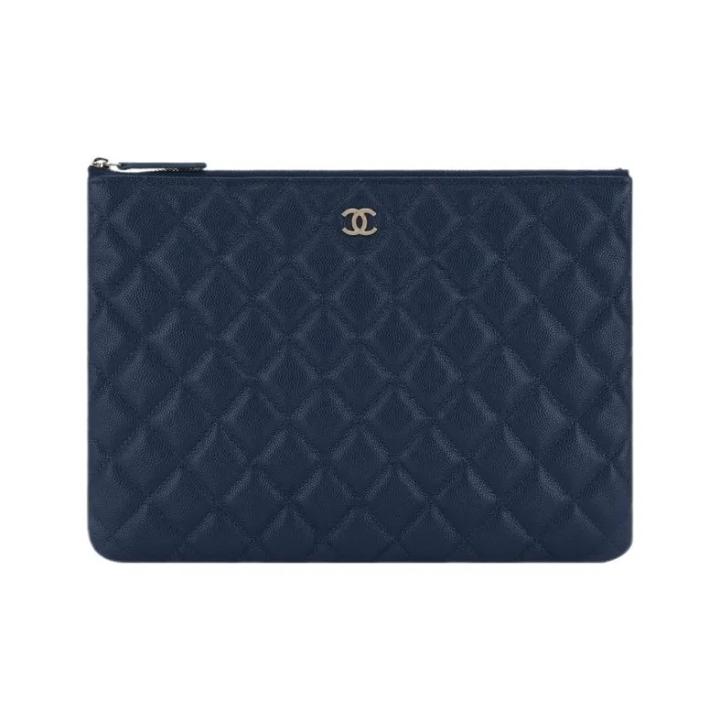 CHANEL Grain Litchi Grain Embossed Caviar Calfskin Clutch Medium Size Women's Dark Blue-0