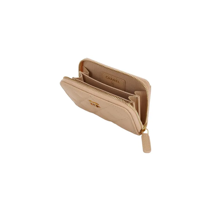 CHANEL Grain Calfskin Card Holder, Wallet Women's Beige-2
