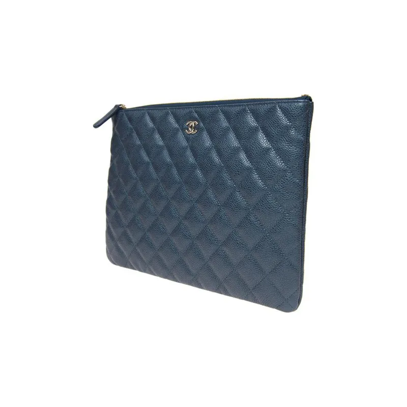 CHANEL Grain Litchi Grain Embossed Calfskin Clutch Medium Size Women's Marine Blue-1