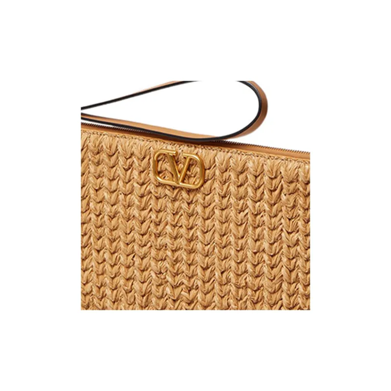 Valentino GARAVANI Leather Patchwork With Raffia Clutch Regular Women's Brown Natural-3