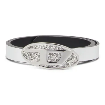 DIESEL Classic Logo With Crystal Inlay Smooth Buckle Cow Leather Belts Women's Silver Width 1.9CM