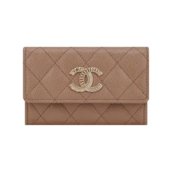 CHANEL Litchi Grain Cow Leather Card Holder, Wallet Women's Brown