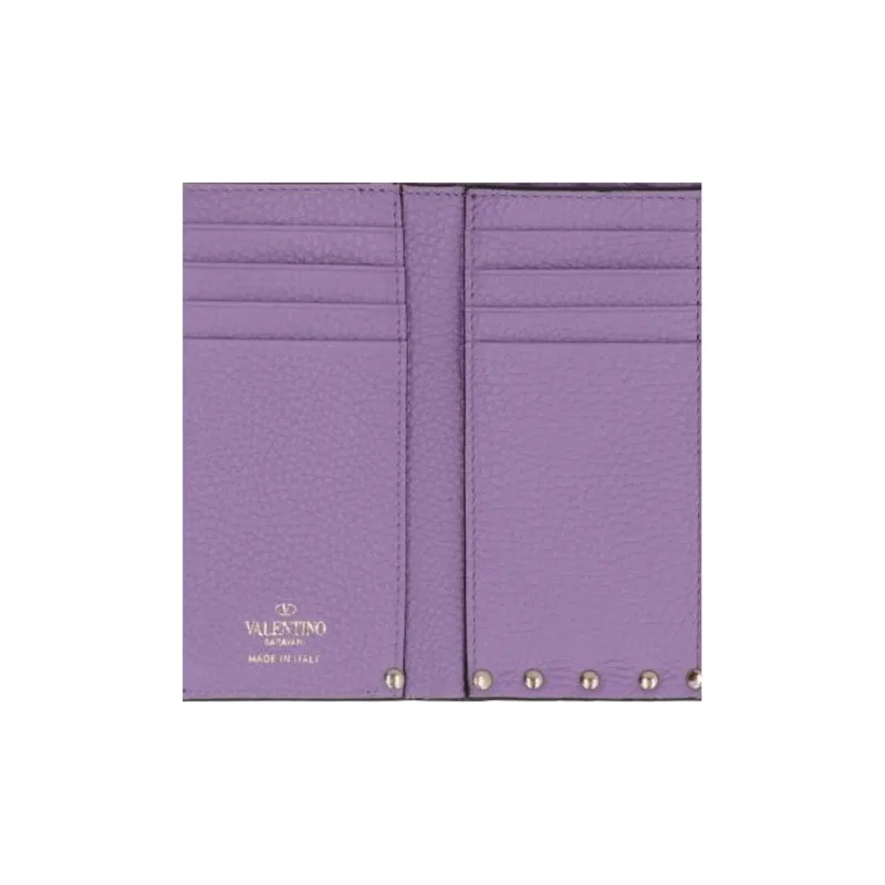 Valentino Rockstud Textured Leather Wallet Women's Purple-4