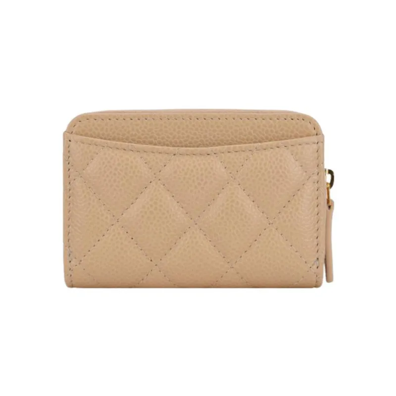 CHANEL Grain Calfskin Card Holder, Wallet Women's Beige-1
