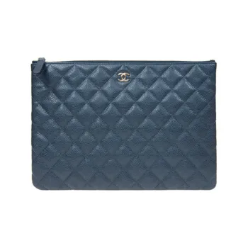 CHANEL Grain Litchi Grain Embossed Calfskin Clutch Medium Size Women's Marine Blue