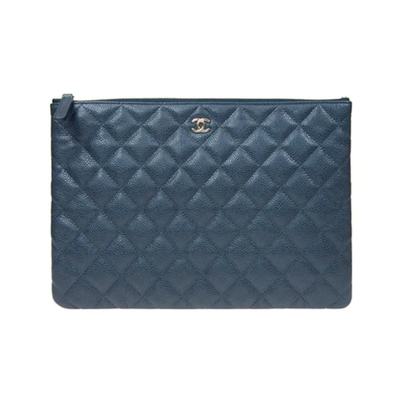 CHANEL Grain Litchi Grain Embossed Calfskin Clutch Medium Size Women's Marine Blue-0