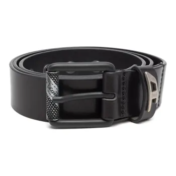 DIESEL Logo Plaque Pin Buckle Leather Belts Men's Black