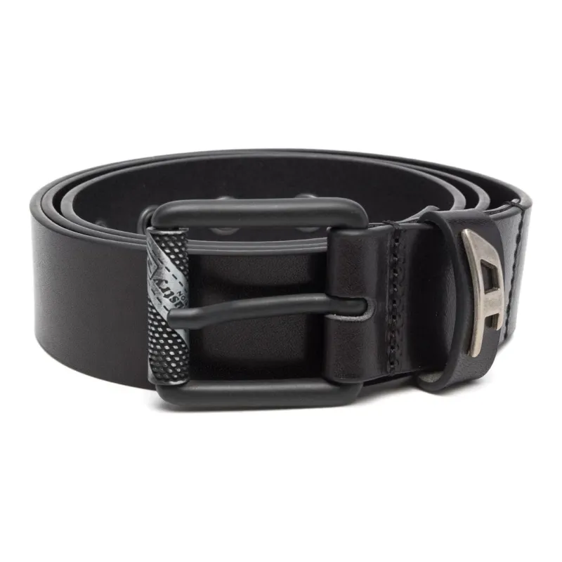 DIESEL Logo Plaque Pin Buckle Leather Belts Men's Black-0