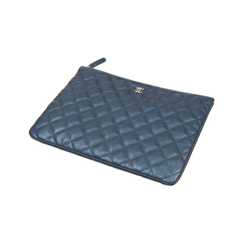 CHANEL Grain Litchi Grain Embossed Calfskin Clutch Medium Size Women's Marine Blue-3